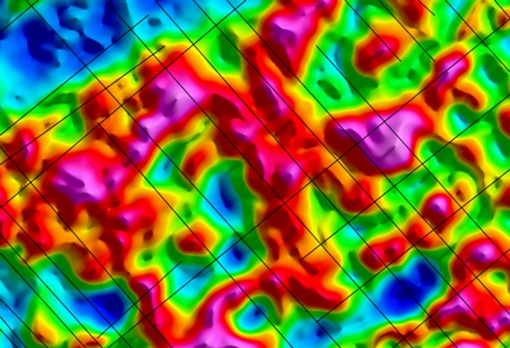 Detail of the depth to magnetic basement map produced by modelling the magnetic data with the reprocessed seismic data. Width of view is approximately 55km. The yellow contour band represents approximately 5500m subsea.